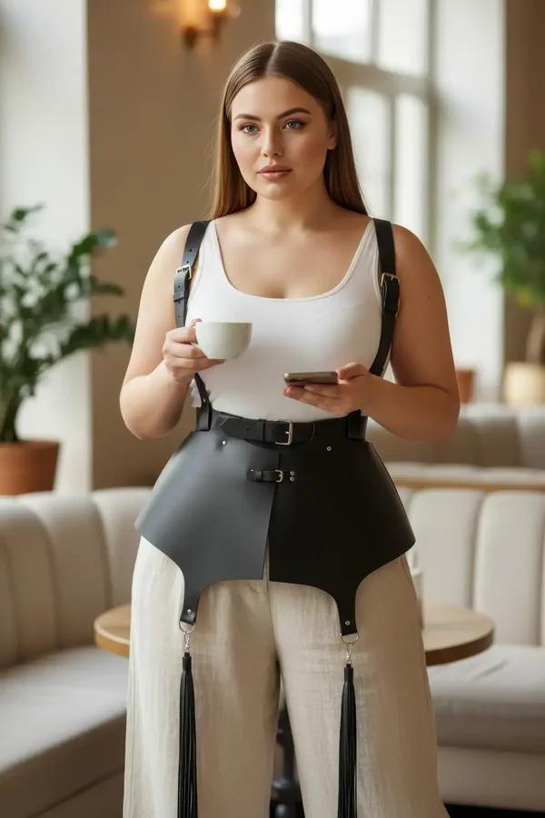 beyaz atlet üzerine giyilmiş gümüş toka ve çıkarılabilir püskül bacak askılı siyah suni deri peplum bel harness