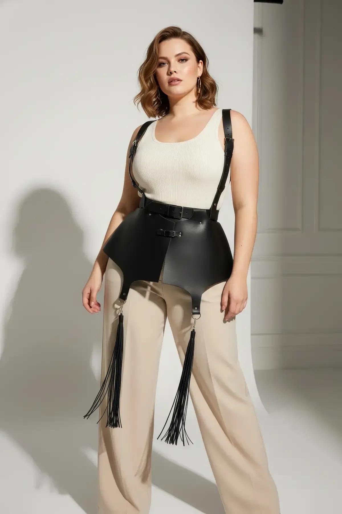 A-line panel şekli ve ayarlanabilir omuz askı genişliği gösteren siyah peplum harness yan profil
