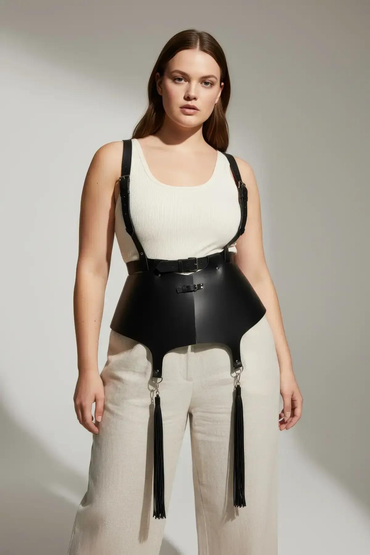 20 cm püskül kümesi uzunluğu gösteren peplum harness'ten çıkarılmış siyah püskül bacak askıları düz yatış