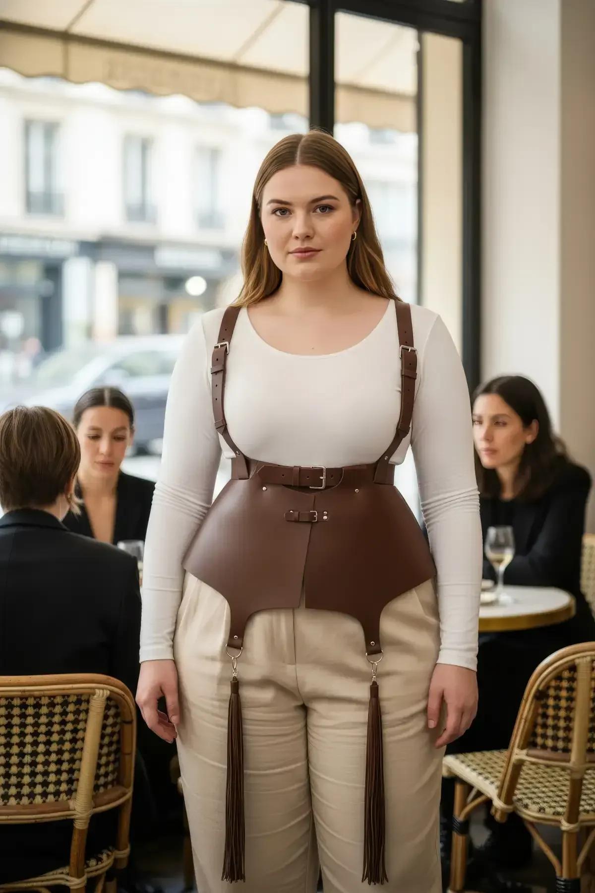 uzun sarkan püsküllü, gümüş toka aksesuarlı ve ayarlanabilir omuz askılı kahverengi suni deri korse harness