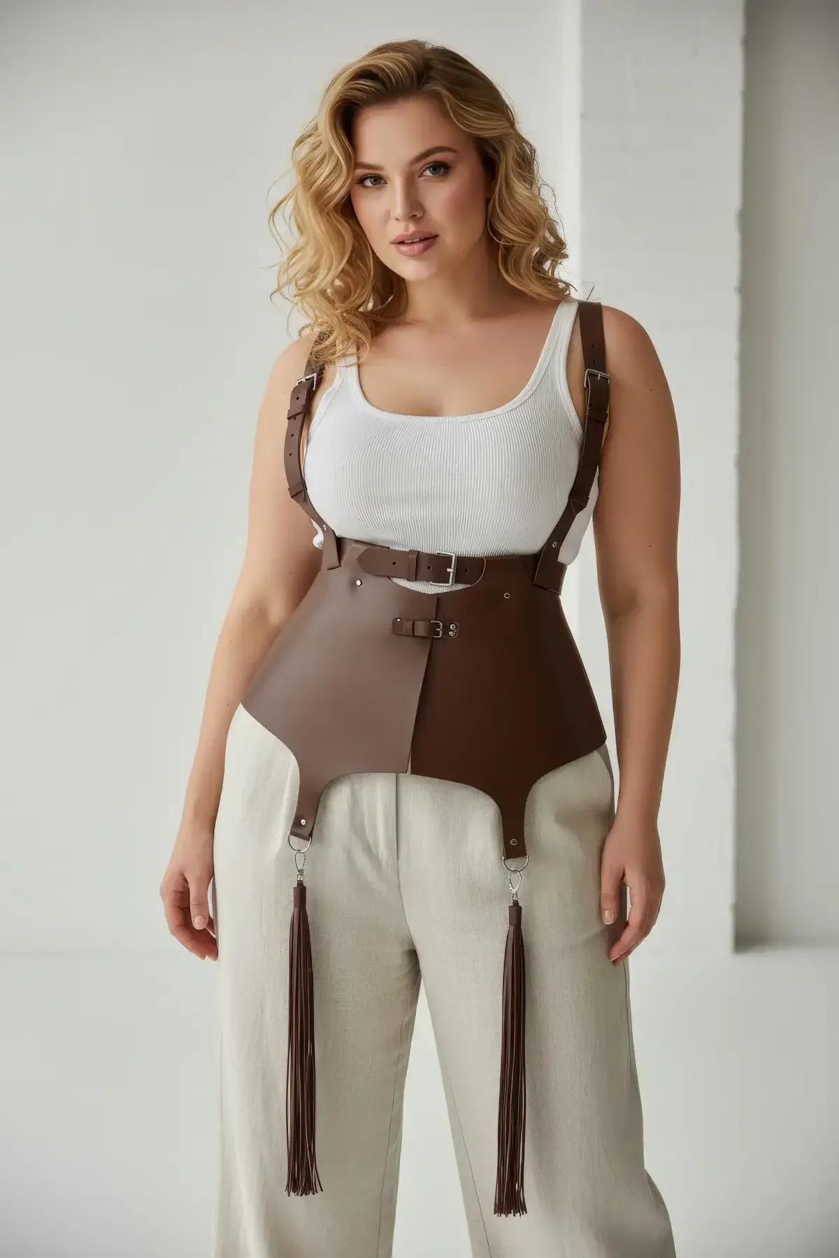 krem pantolon üzerine giyilmiş tam siluet ve püskül hareketi gösteren kahverengi suni deri korse harness