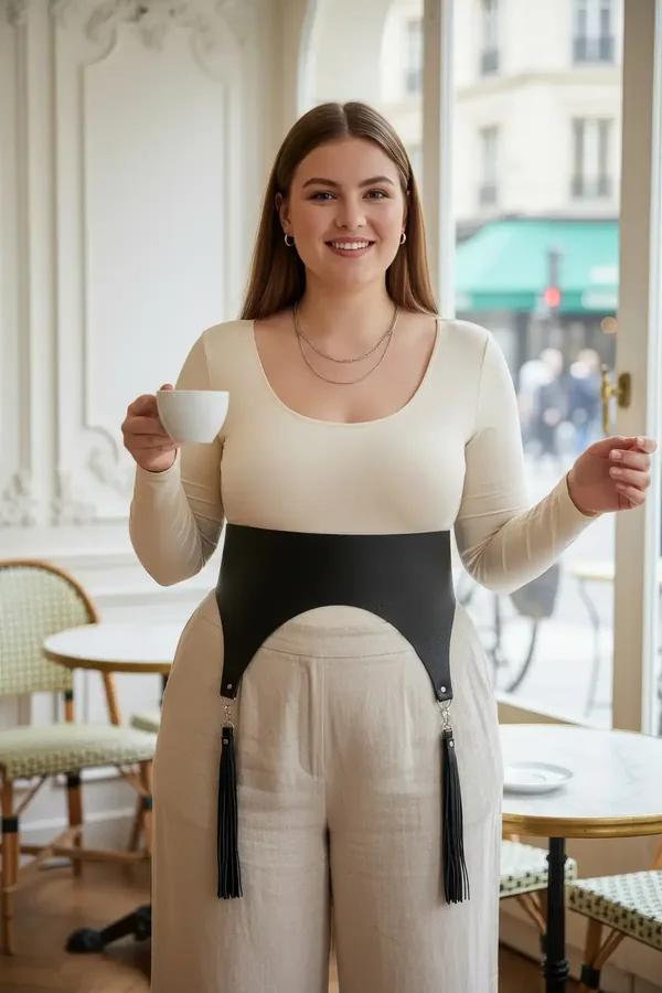 krem body üzerine giyilmiş çıkarılabilir püsküller ve gümüş karabina klipsleri ile siyah suni deri korse bel harness