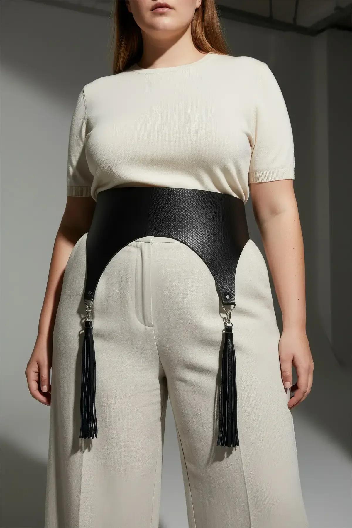 gümüş aksesuarlı siyah suni deri korse bel harness ayarlanabilir arka kapama detayı