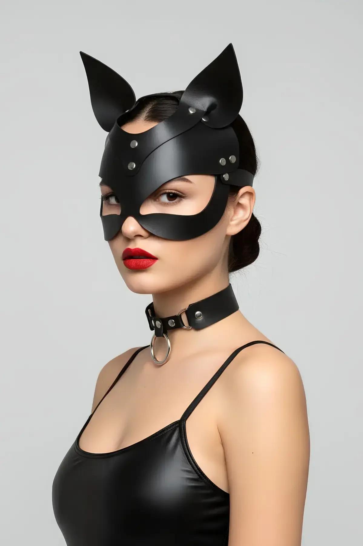 Siyah Suni Deri Kedi Maskesi ve Choker Yaka Seti