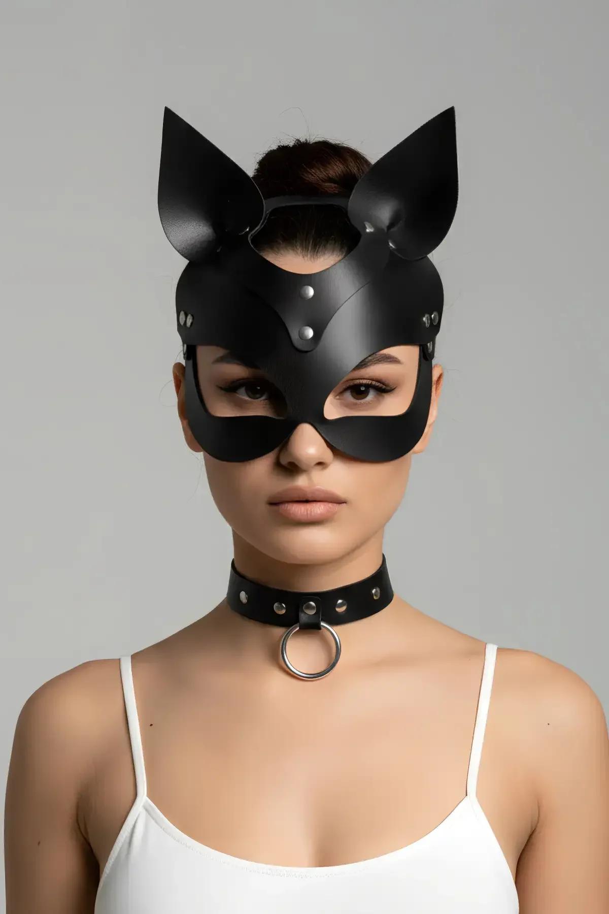 Siyah Suni Deri Kedi Maskesi ve Choker Yaka Seti
