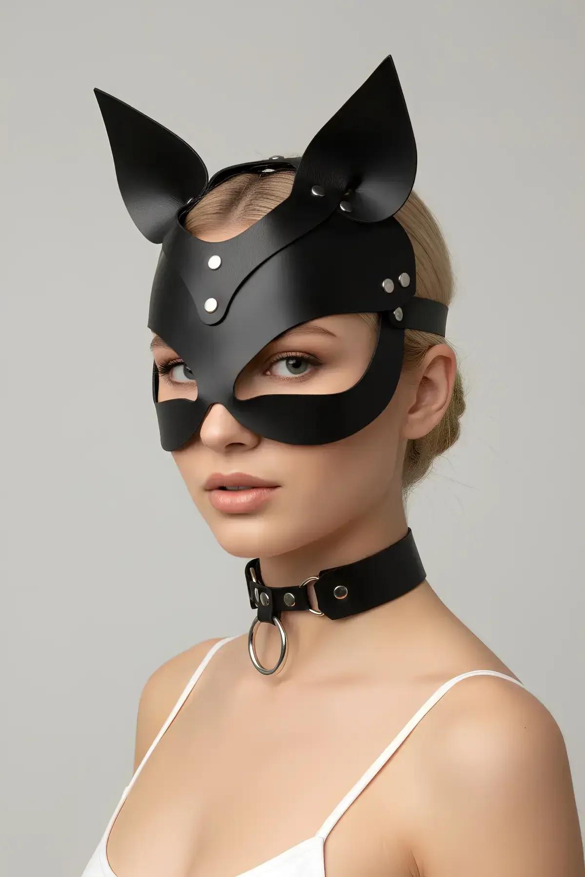 Siyah Suni Deri Kedi Maskesi ve Choker Yaka Seti