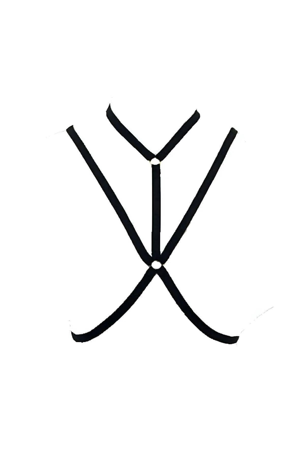 siyah lastik göğüs harness ön yüz geometrik kafes deseni gümüş metal halka detay