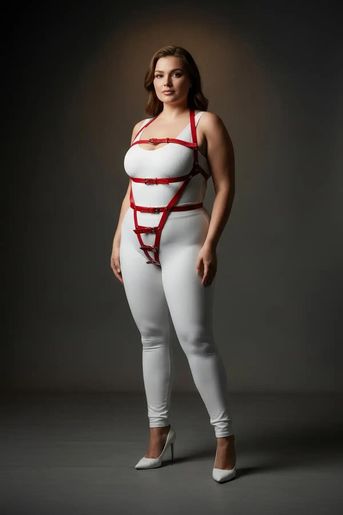 Kırmızı suni deri harness askıları ve gümüş dikdörtgen toka donanımı detayı yakın çekim
