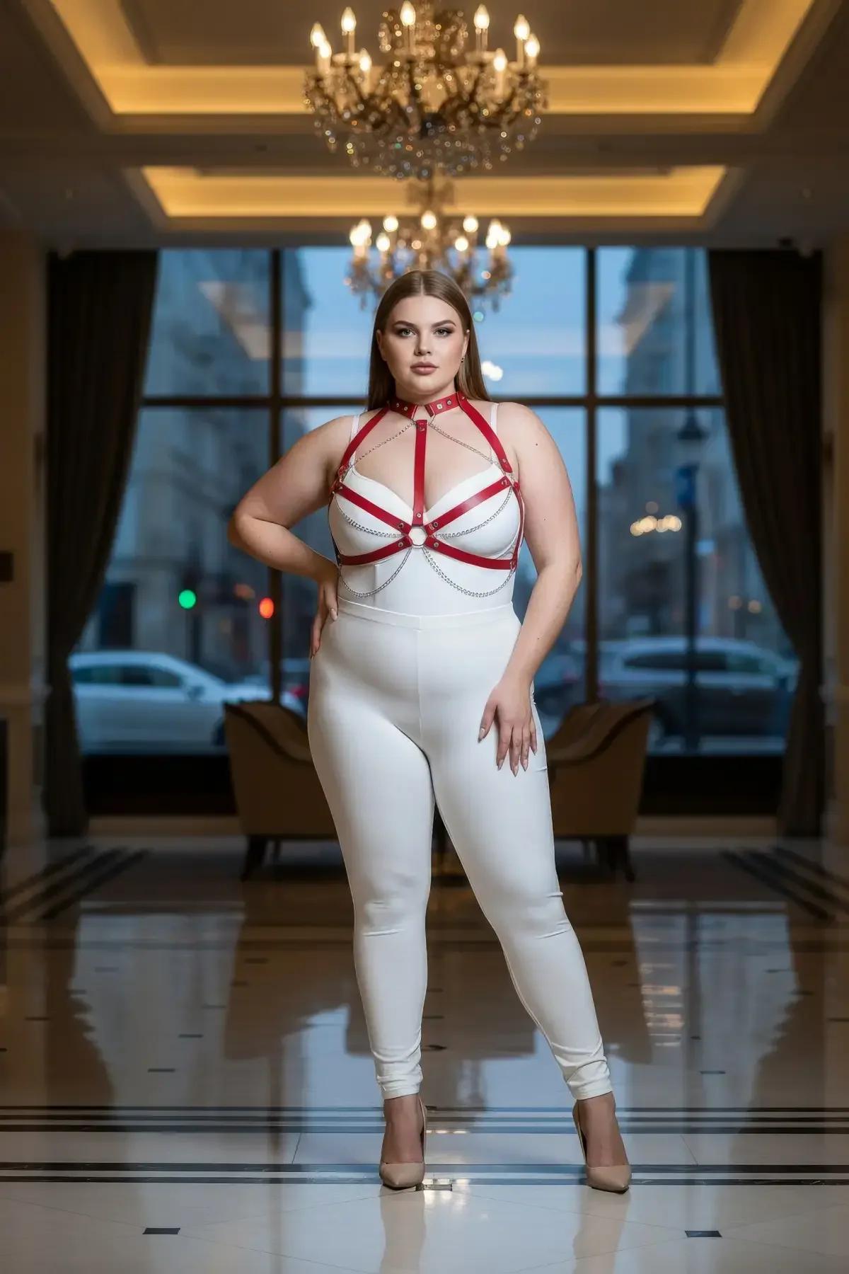 Beyaz bodysuit üzerinde gümüş zincir dökümlü ve merkezi O-halkalı kırmızı suni deri göğüs harness