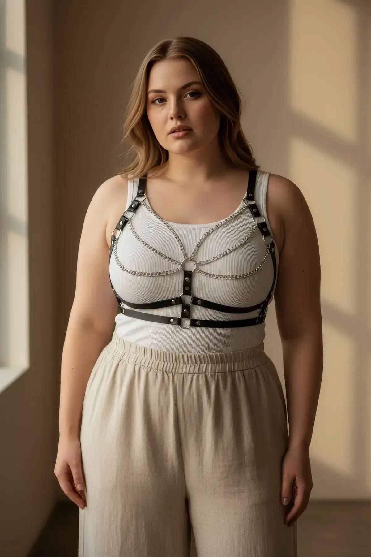göğüs bandında gümüş O-halka ve çıtçıt kapamalı siyah suni deri moda harness