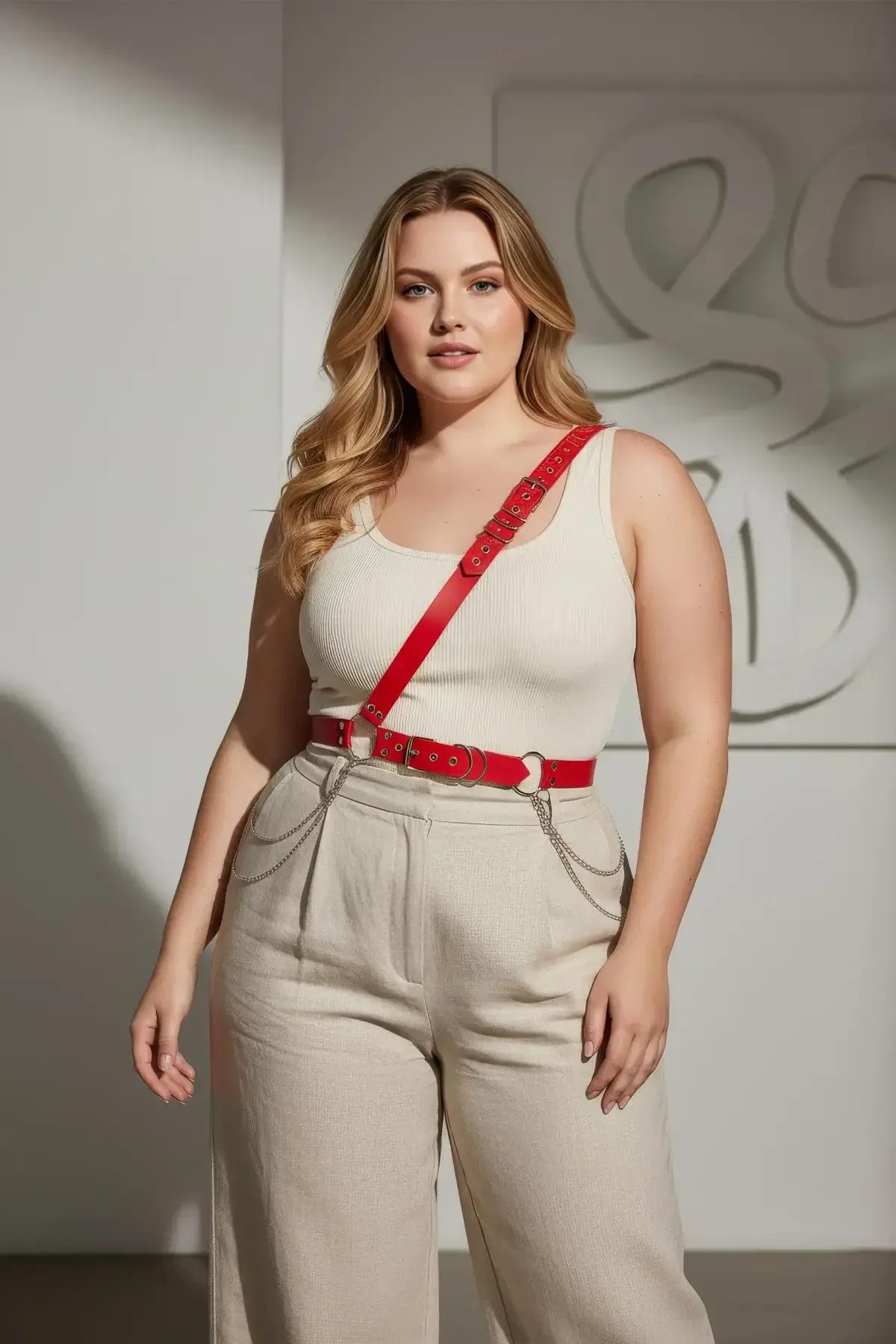 kırmızı harness kemer krem bodysuit ve keten pantolon üzerinde kombini