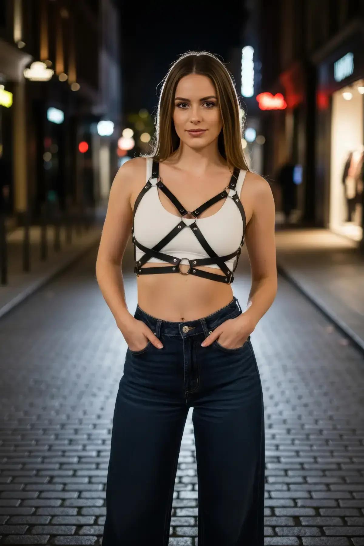 çapraz şeritli siyah vücut aksesuarı beyaz crop top ve mavi jean kombini