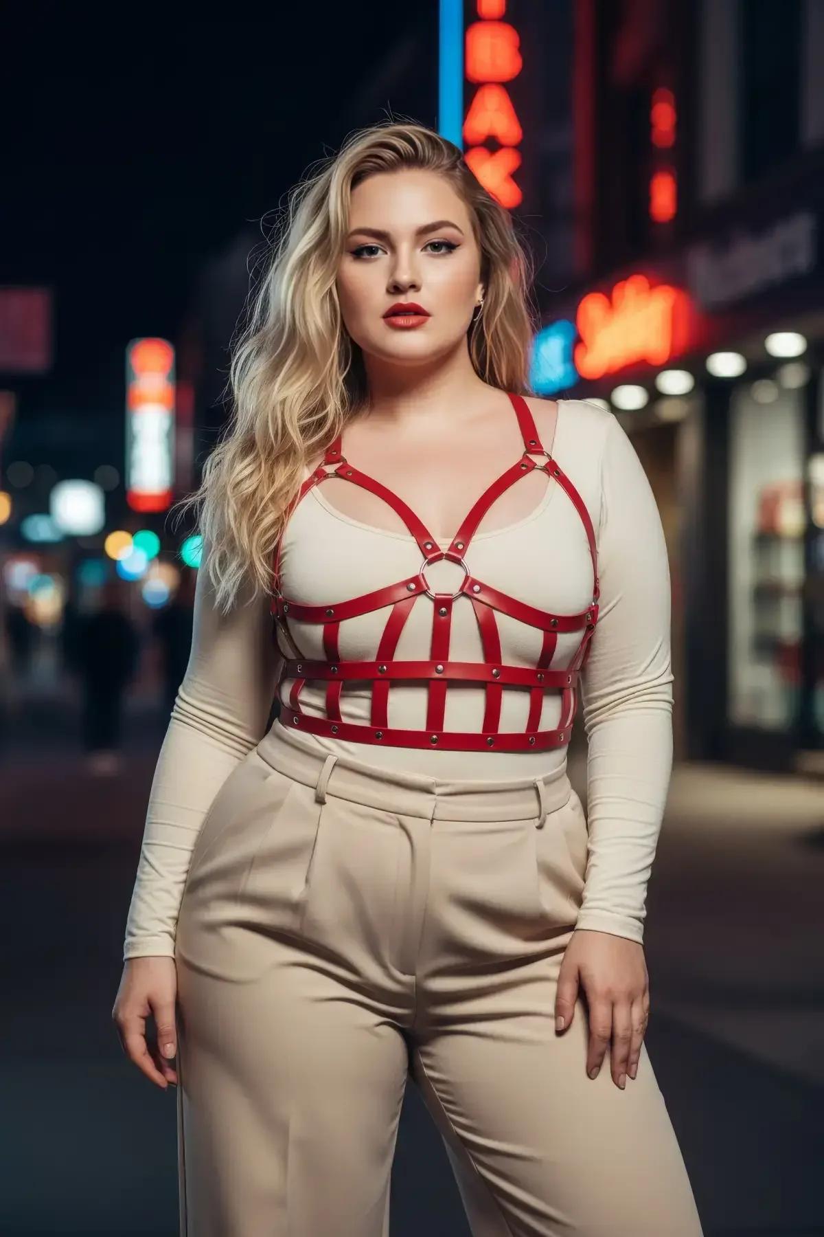 sokak moda görünümü için dar beyaz üst üzerine giyilmiş bel sıkıştırıcı kafesli kırmızı harness