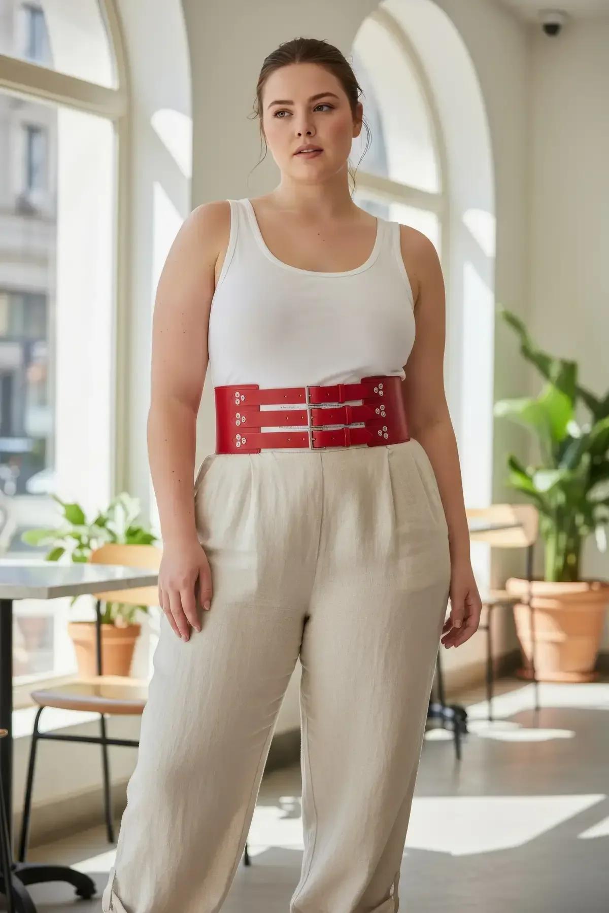 beyaz atlet üzerine giyilmiş üç gümüş iğne tokalı kırmızı suni deri geniş bel sıkıştırıcı harness kemer