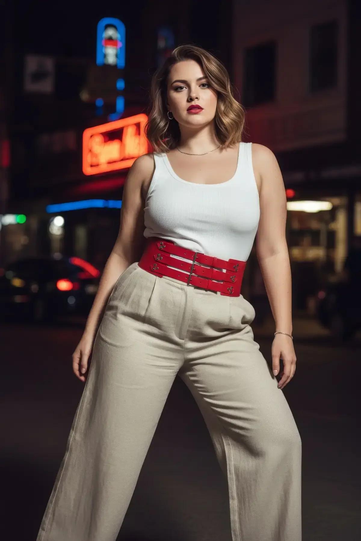 tam bel kapsama gösteren bej keten pantolon üzerine giyilmiş kırmızı geniş bel harness kemer