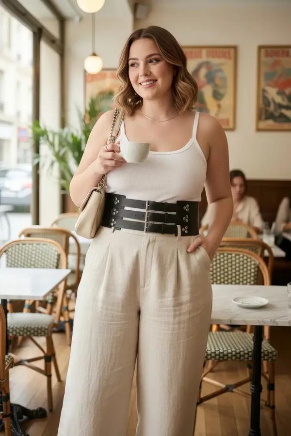 beyaz atlet ve keten pantolon üzerine giyilmiş üç mat gümüş iğne tokalı siyah suni deri geniş bel harness kemer