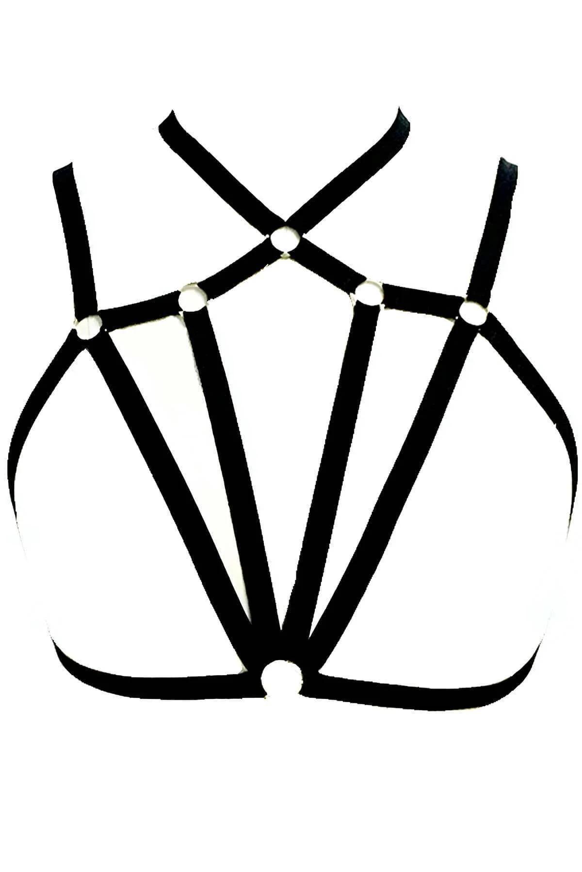 elastik kafes harness siyah bant fan geometrisi dekolteli kıyafetle kombinlenmiş