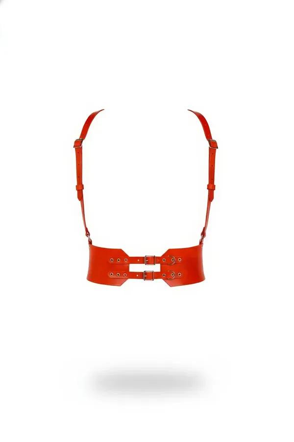 Çift gümüş tokalar ve ince ayarlanabilir omuz askılı turuncu suni deri geniş bel vücut harness