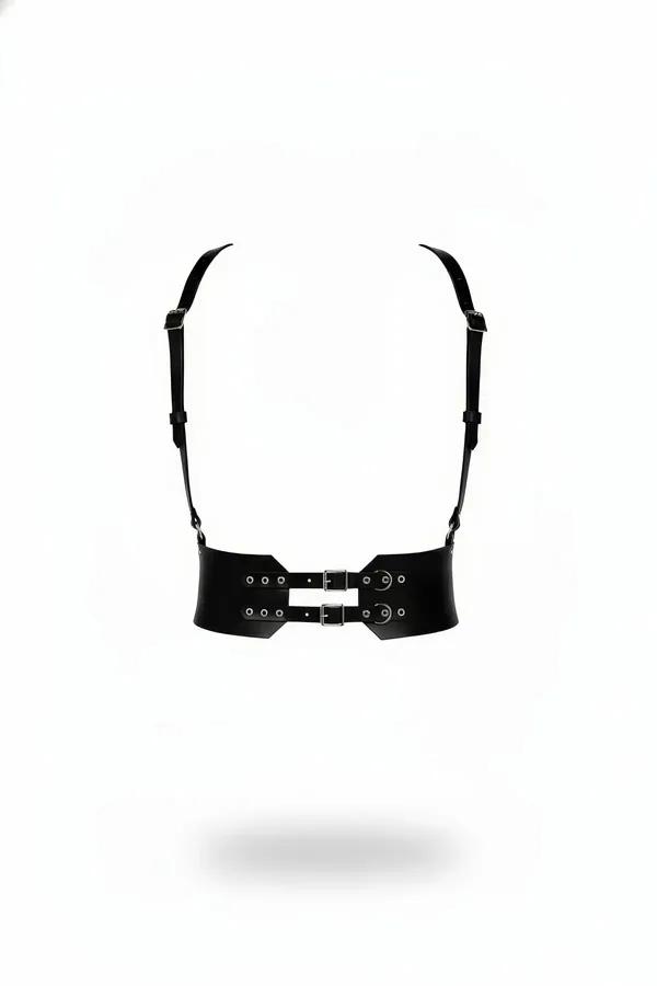 Ayarlanabilir omuz askıları ve gümüş donanımlı siyah suni deri çift toka bel harness ön görünüm