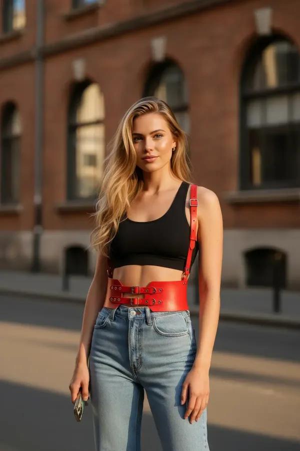 Kırmızı suni deri geniş bel harness, çift altın toka ve ayarlanabilir omuz askıları, siyah crop top üzerinde