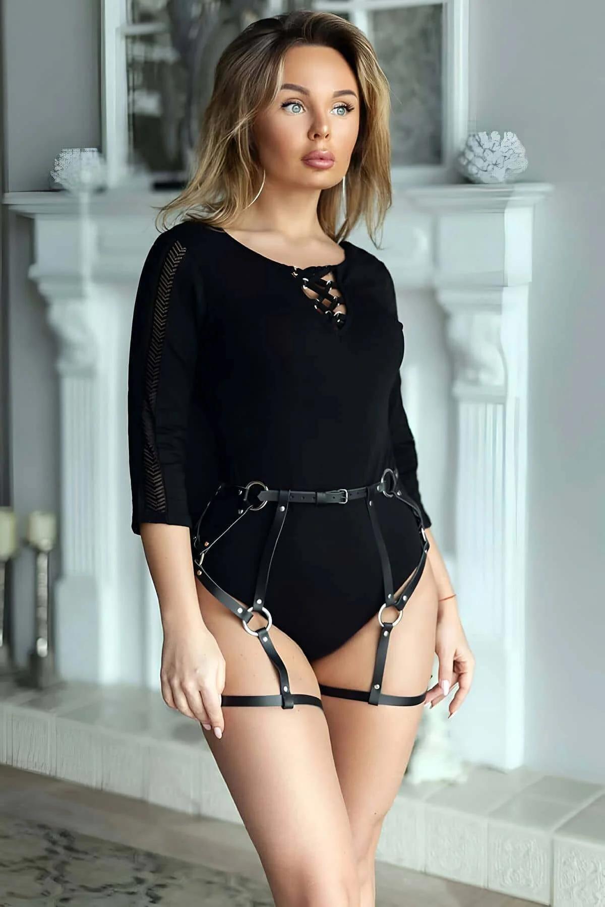 siyah vegan deri jartiyer harness gümüş O-ring tokalı bel kemeri ve uyluk bantları
