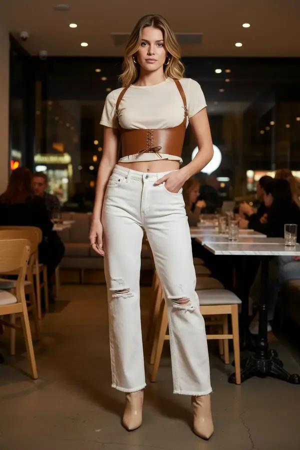Karamel suni deri korse bel harness, ön bağcık ve ayarlanabilir omuz askıları, krem tişört üzerinde