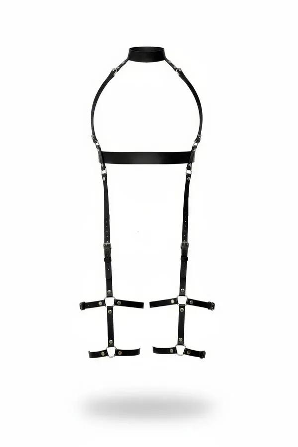 Siyah suni deri vücut harness, yapılandırılmış çoker boyunluk, göğüs bandı ve çift uyluk kafes çerçeveleri, gümüş O-halka donanım