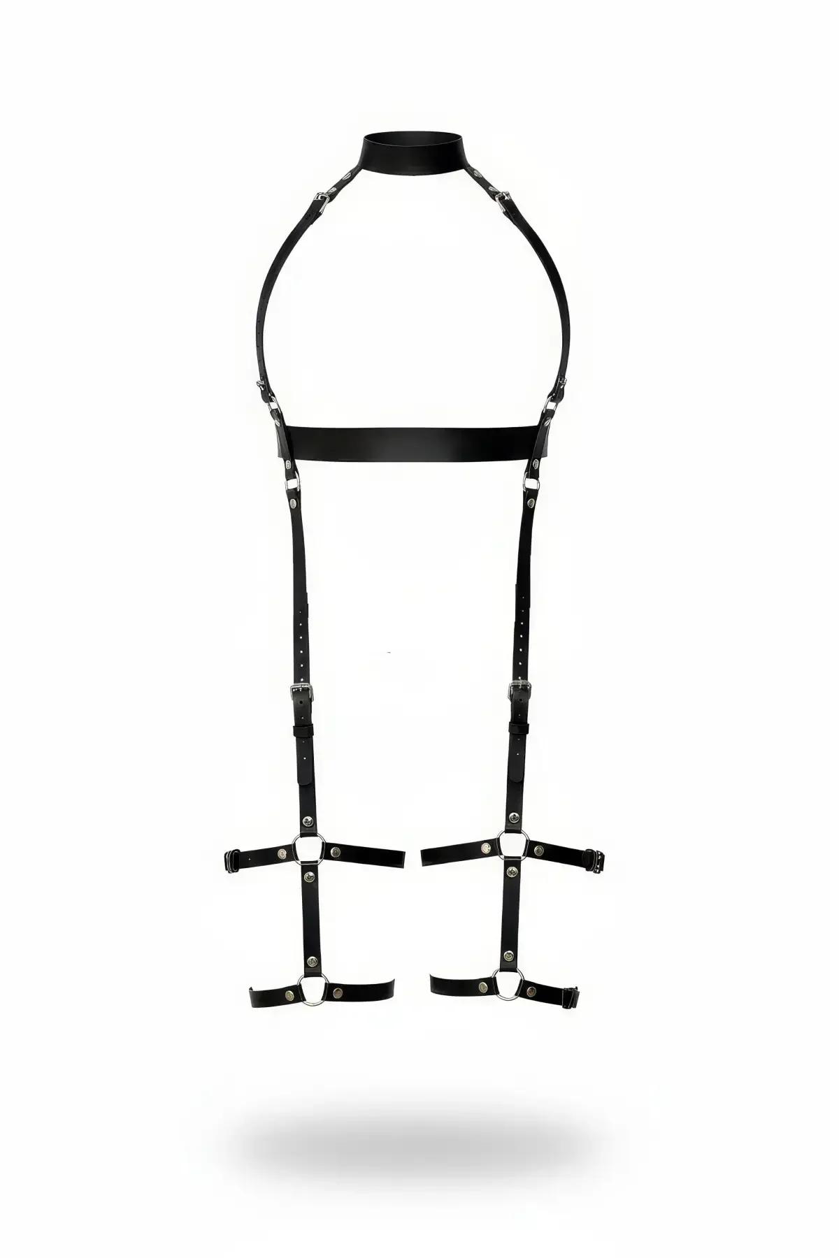 Siyah suni deri vücut harness, yapılandırılmış çoker boyunluk, göğüs bandı ve çift uyluk kafes çerçeveleri, gümüş O-halka donanım