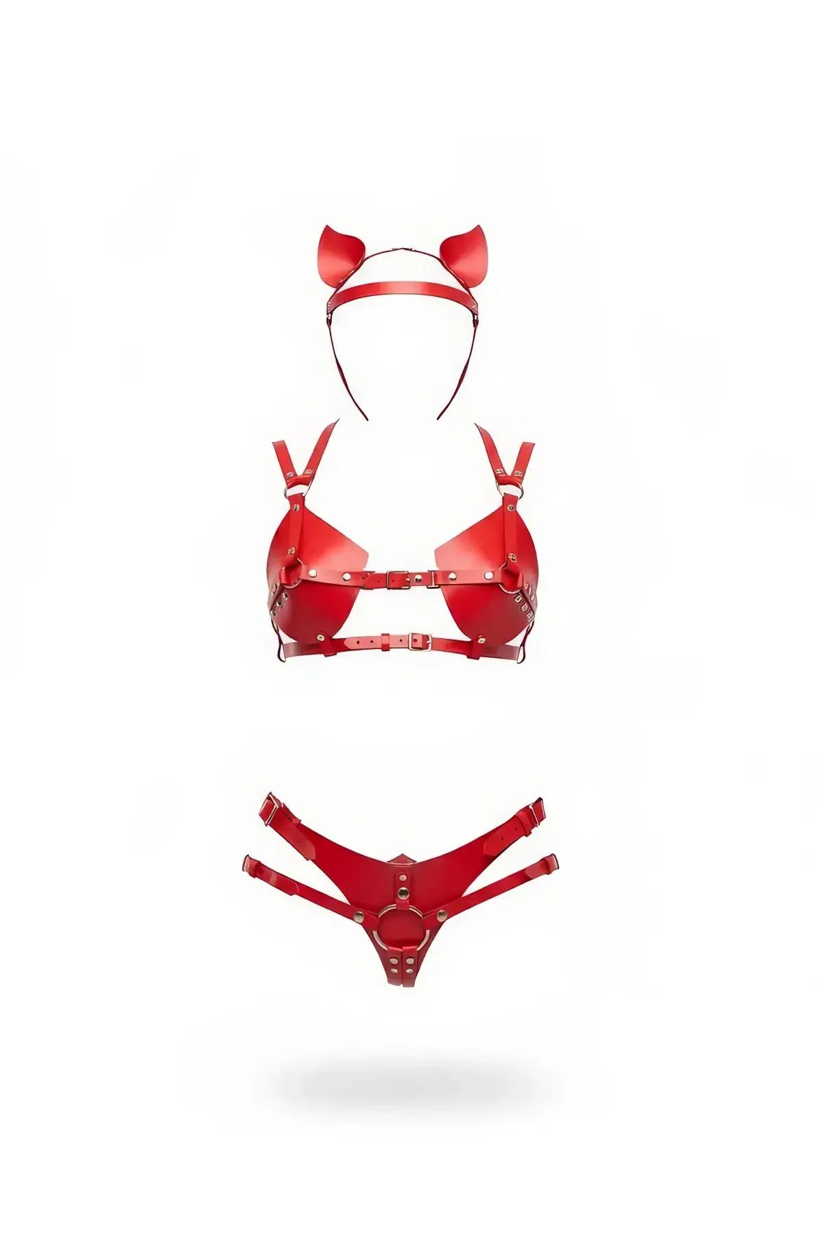 Kırmızı suni deri harness bralette külot ve kedi kulaklı bant 3 parçalı set, altın O-halka donanım