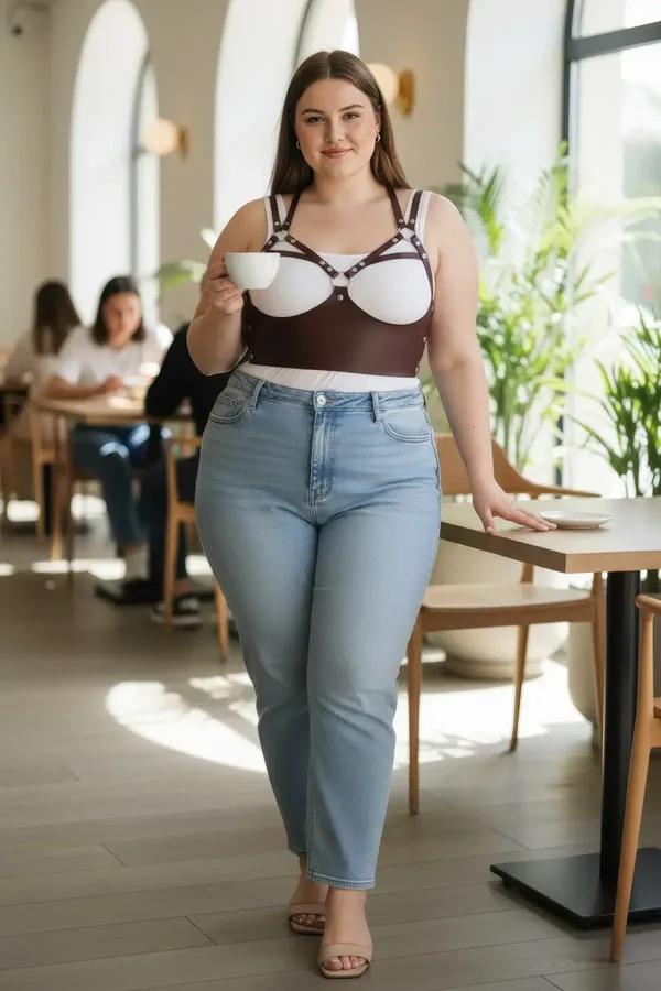 Beyaz bodysuit ve açık mavi jean üzerine giyilen gümüş zımba donanımlı bordo suni deri kafesli harness sütyen