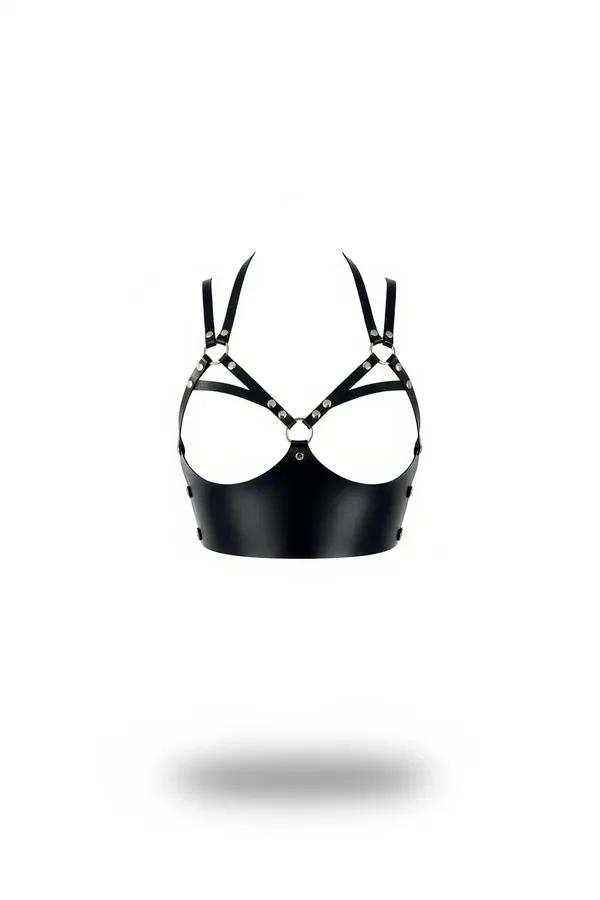 Siyah mat suni deri açık büstlü harness crop top, çok askılı göğüs çerçevesi ve merkez gümüş O-halka detayı