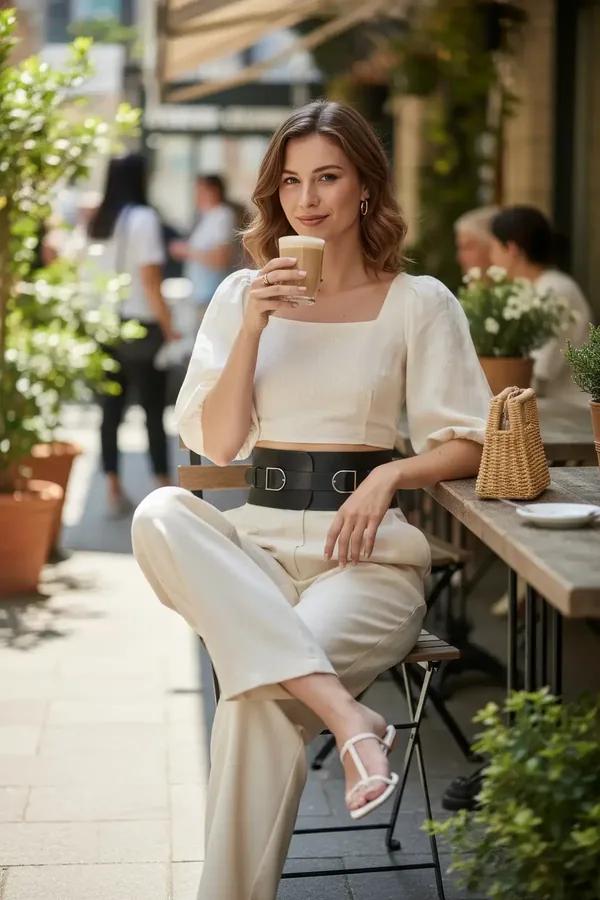Siyah suni deri geniş bel sıkıştırma harness, çift gümüş D-halkalar, beyaz crop top üzerinde