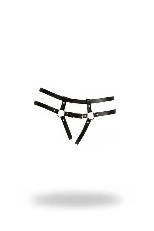 Siyah suni deri tanga harness, çift bel bandı askıları ve merkez gümüş O-halka donanım, ön görünüm