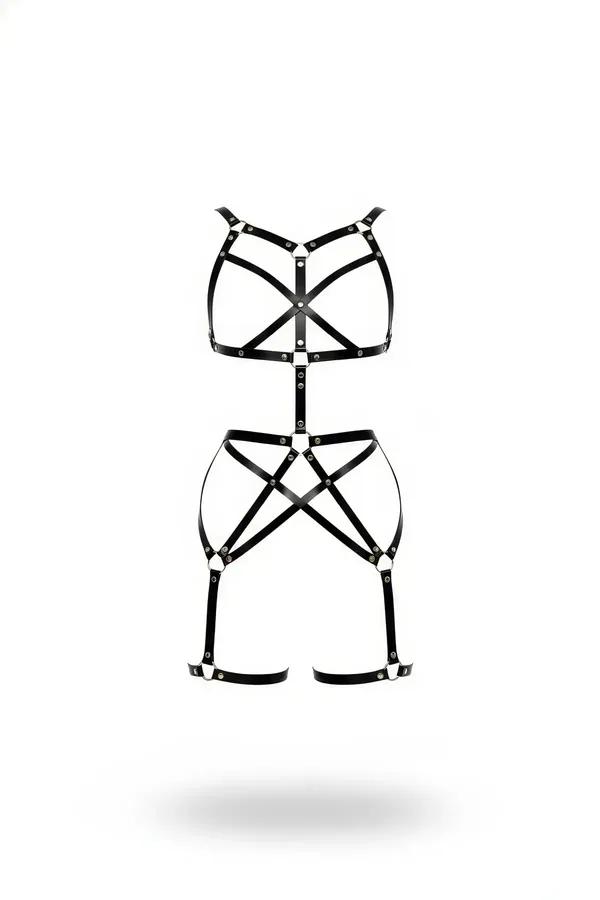 Siyah suni deri tam vücut harness, kafes bralette, çapraz kalça çerçevesi, uyluk bantları ve gümüş O-halka donanım