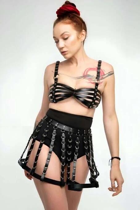 Siyah Suni Deri Bralet ve Etek Harness Takım