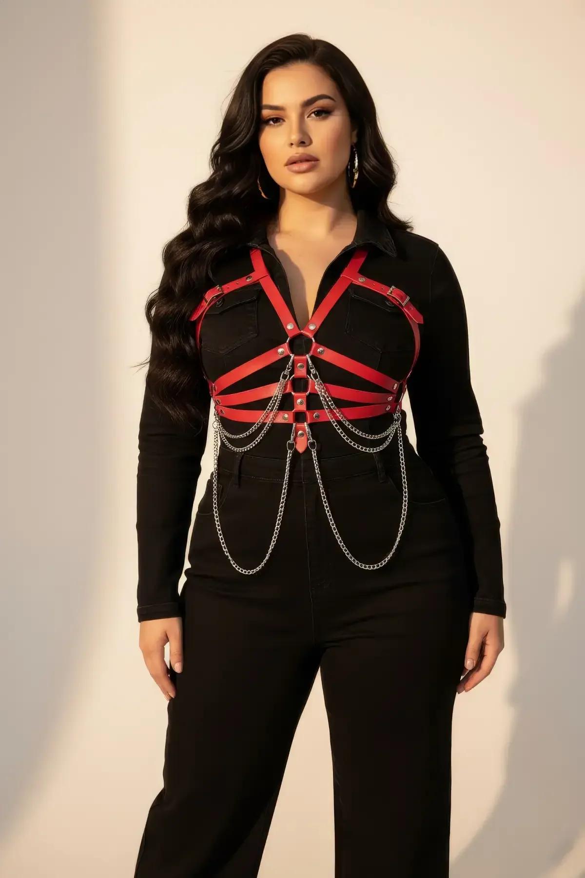 Kırmızı suni deri vücut harness'ta gümüş rengi sarkan zincirler ve zımba perçin aksesuarı yakın çekim
