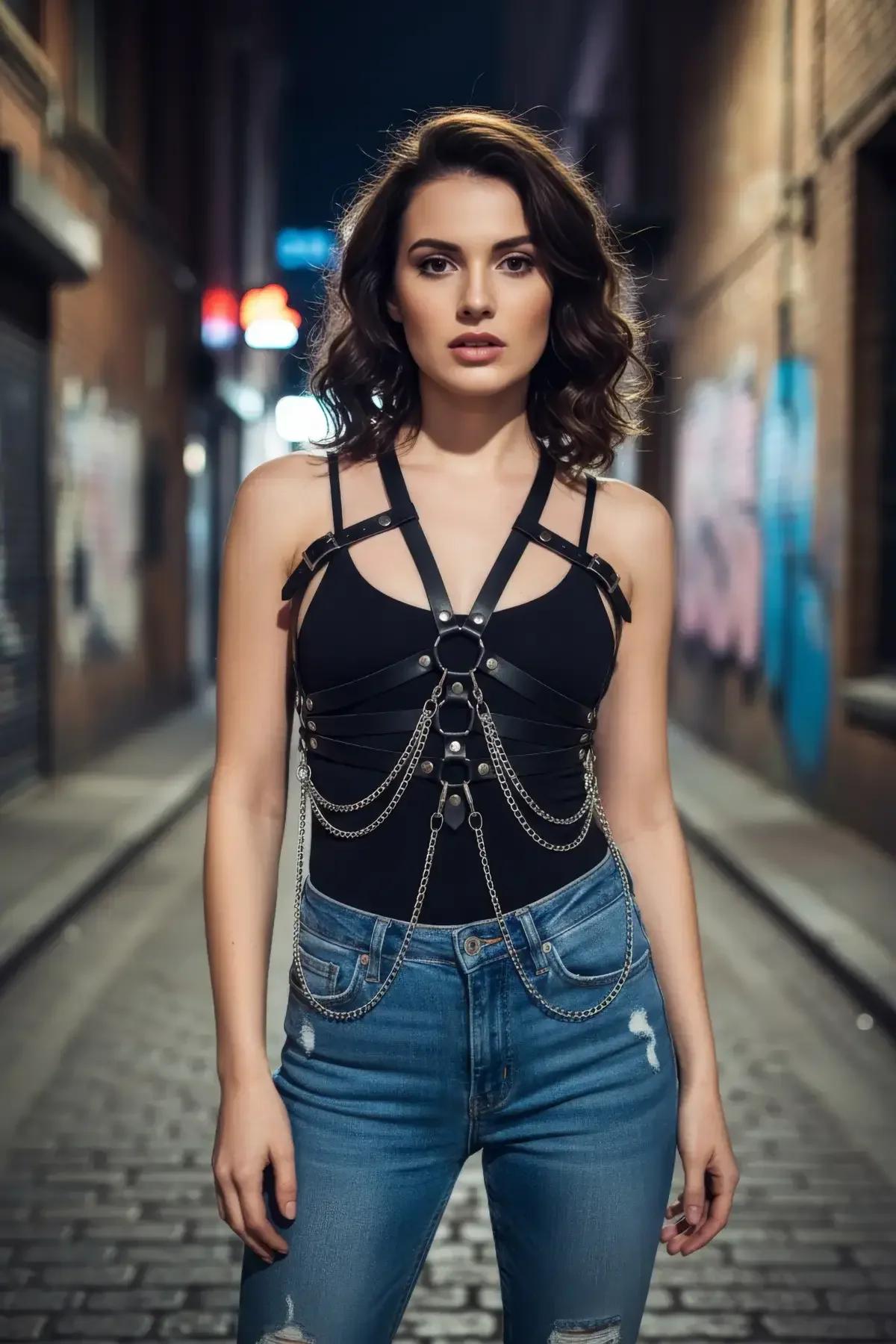 Siyah kafes harness yüksek belli yırtık açık mavi kot pantolon kombini tam boy