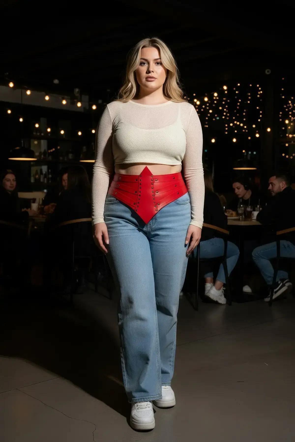 Beyaz crop top ve açık renk denim jean üzerine stilize kırmızı zımbalı suni deri kemer, tam ön görünüm