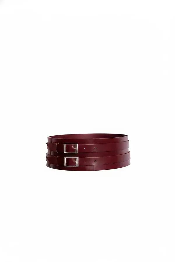 Bordo geniş suni deri bel kemer harness, iki gümüş iğne toka ve yığılmış paralel askılar