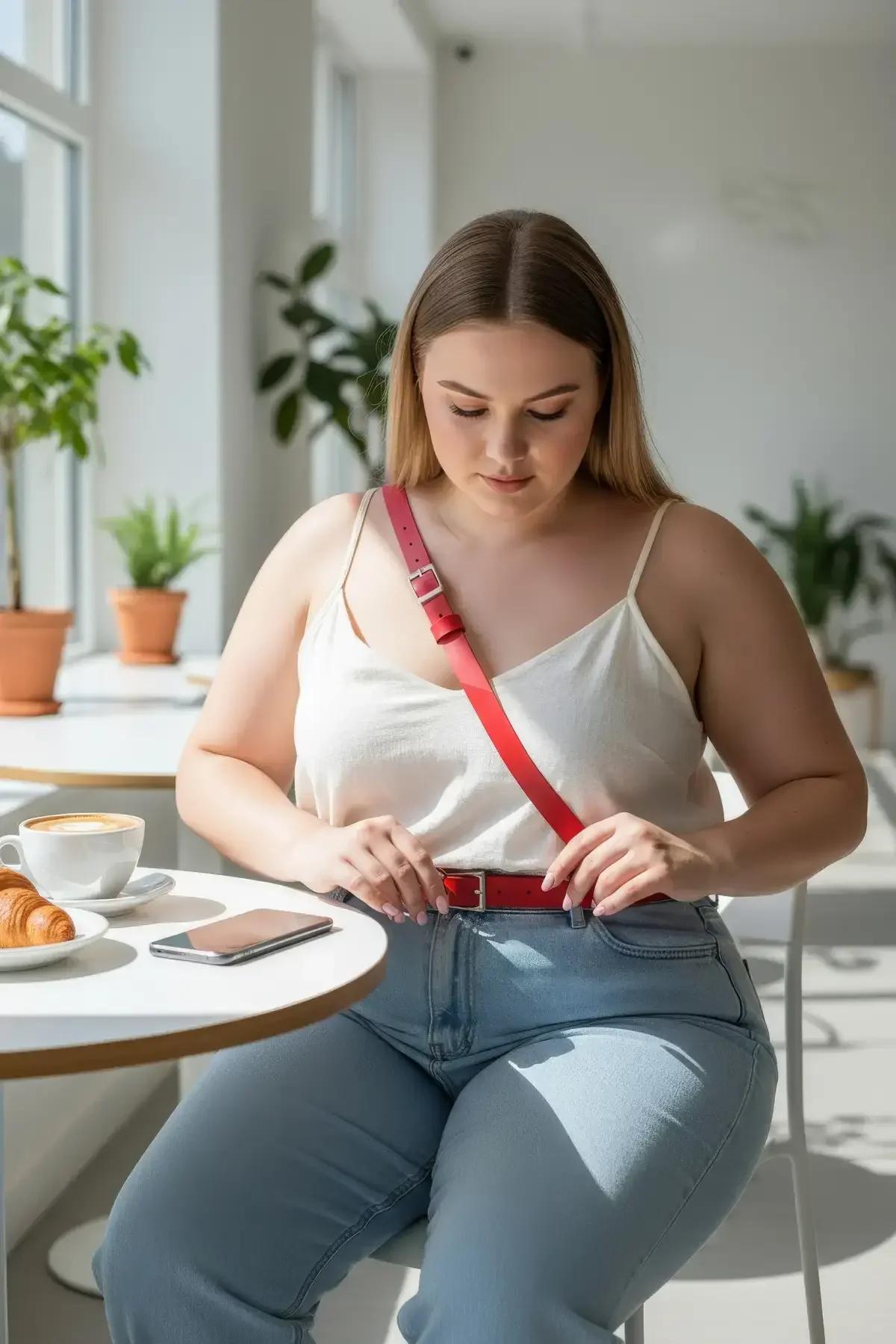 Altın toka donanımlı parlak kırmızı düz mat PU harness düz çekim ürün görünümü