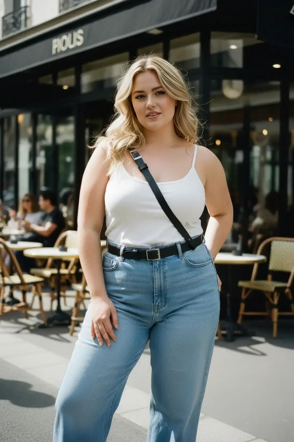 Beyaz açık hırka ve açık renk denim altında katmanlanan siyah çapraz askı harness sokak görünümü