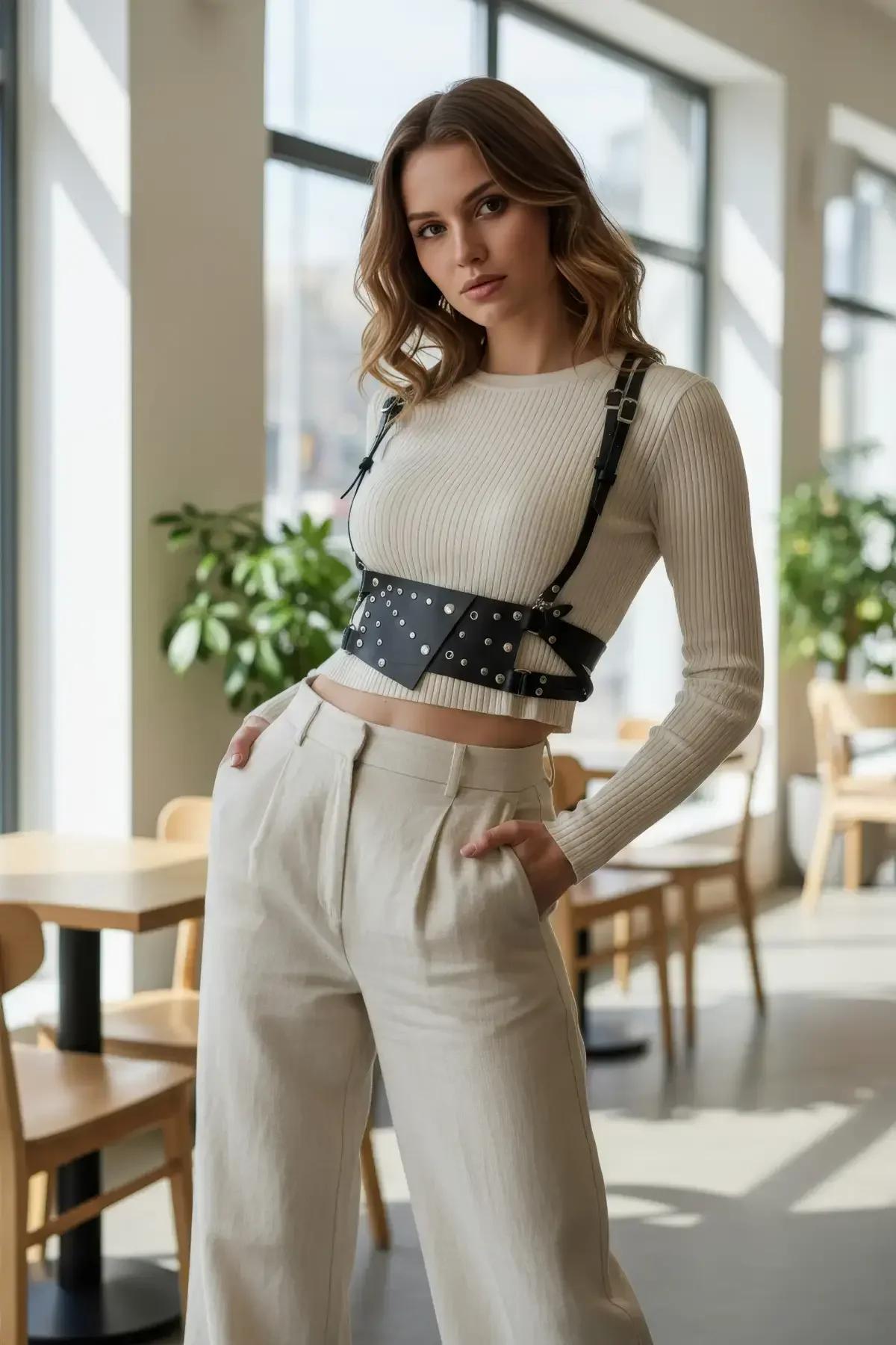 Siyah zımbalı bel çantası harness ön kese kapama, gümüş donanım