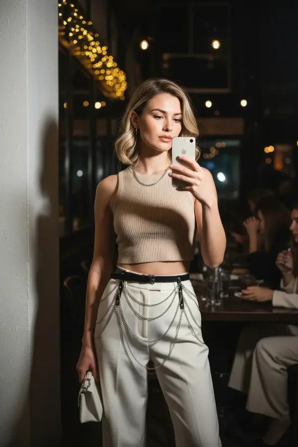 Siyah vegan deri bel kemeri çok sıralı gümüş zincir drape detaylı beyaz pantolon üzerinde