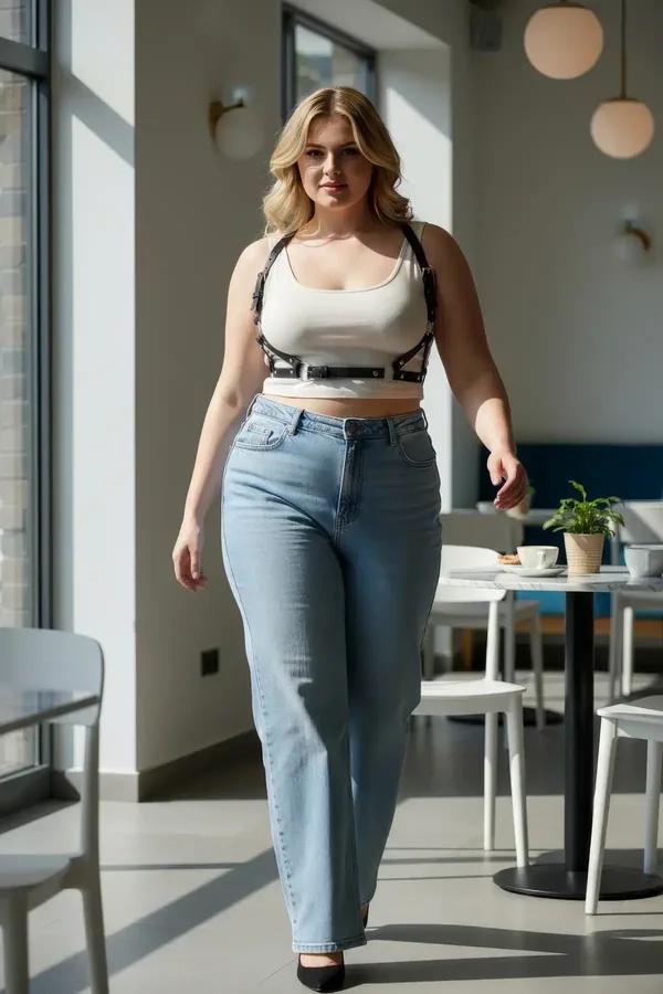 Beyaz crop top üzerine giyilen gümüş tokalı siyah suni deri kafesli göğüs altı harness üst