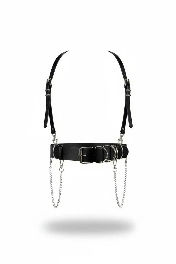 Geniş bel kemeri, çift O-halka, ayarlanabilir omuz askıları ve dökümlü gümüş zincirli siyah suni deri vücut harness