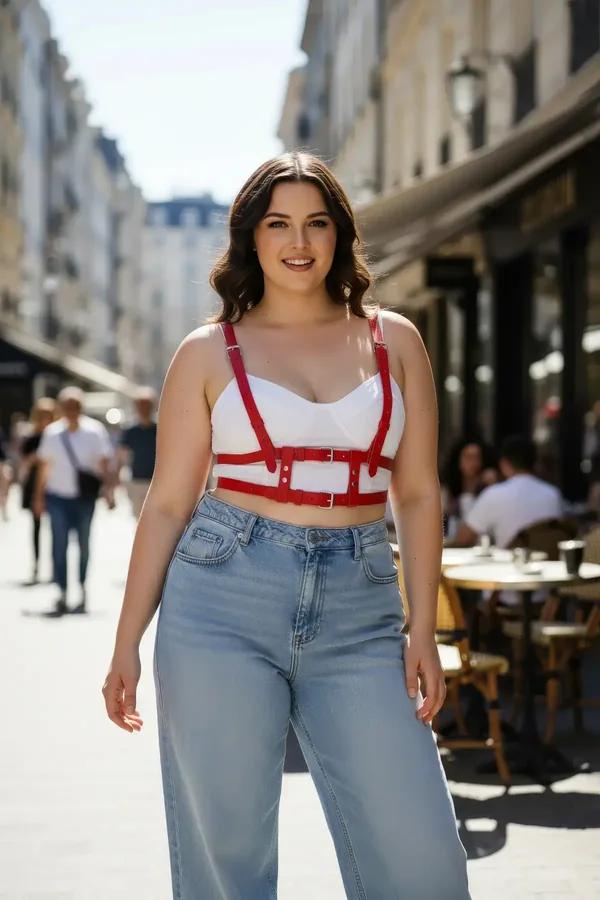 Beyaz crop top üzerine giyilen dört gümüş tokalı kırmızı suni deri kafesli göğüs altı harness üst