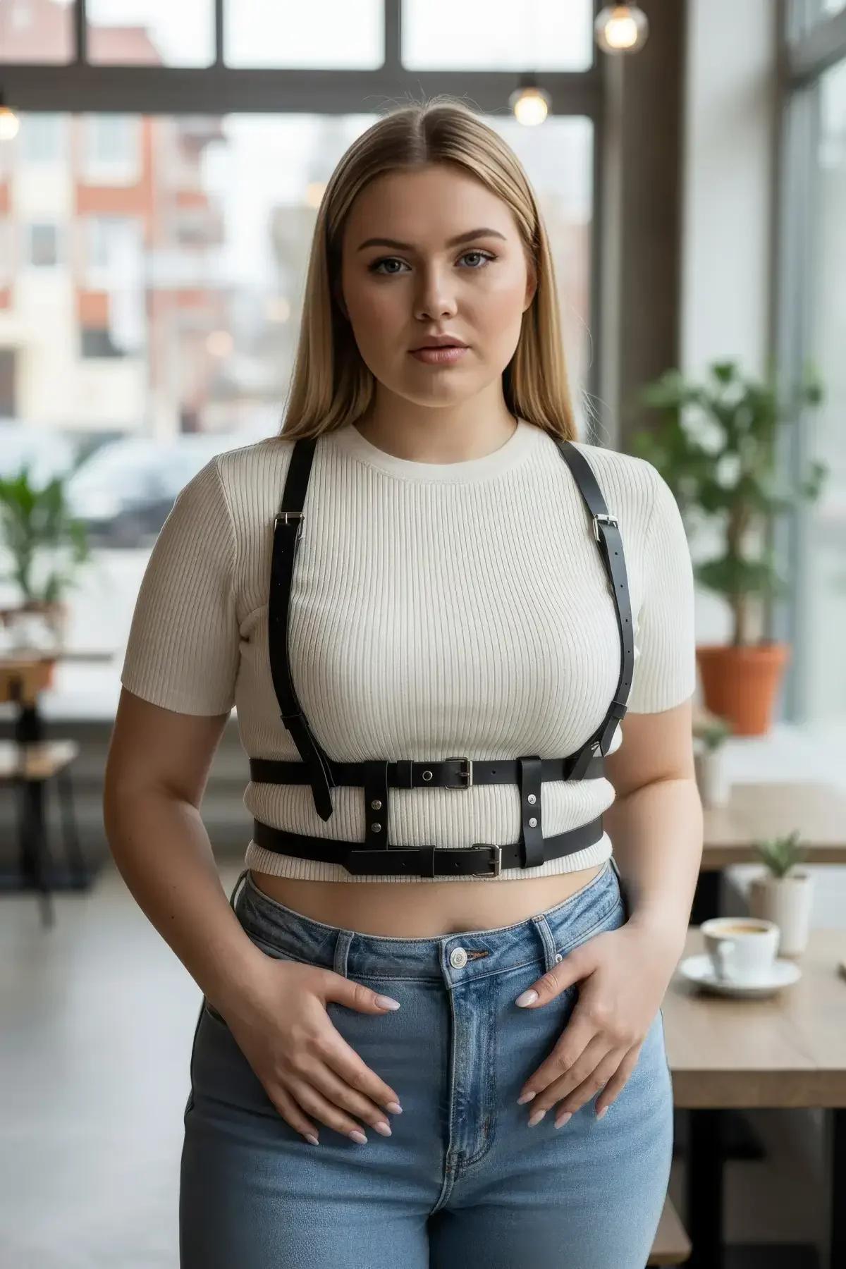 Siyah PU suni deri göğüs harness askılarındaki gümüş tonu metal tokaların yakın çekimi