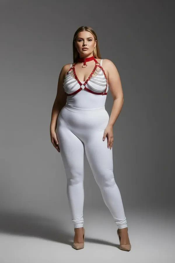 Dökülen gümüş zincirli, merkezi O-halkalı ve çoker boyunluklu kırmızı suni deri vücut harness, beyaz bodysuit üzerinde