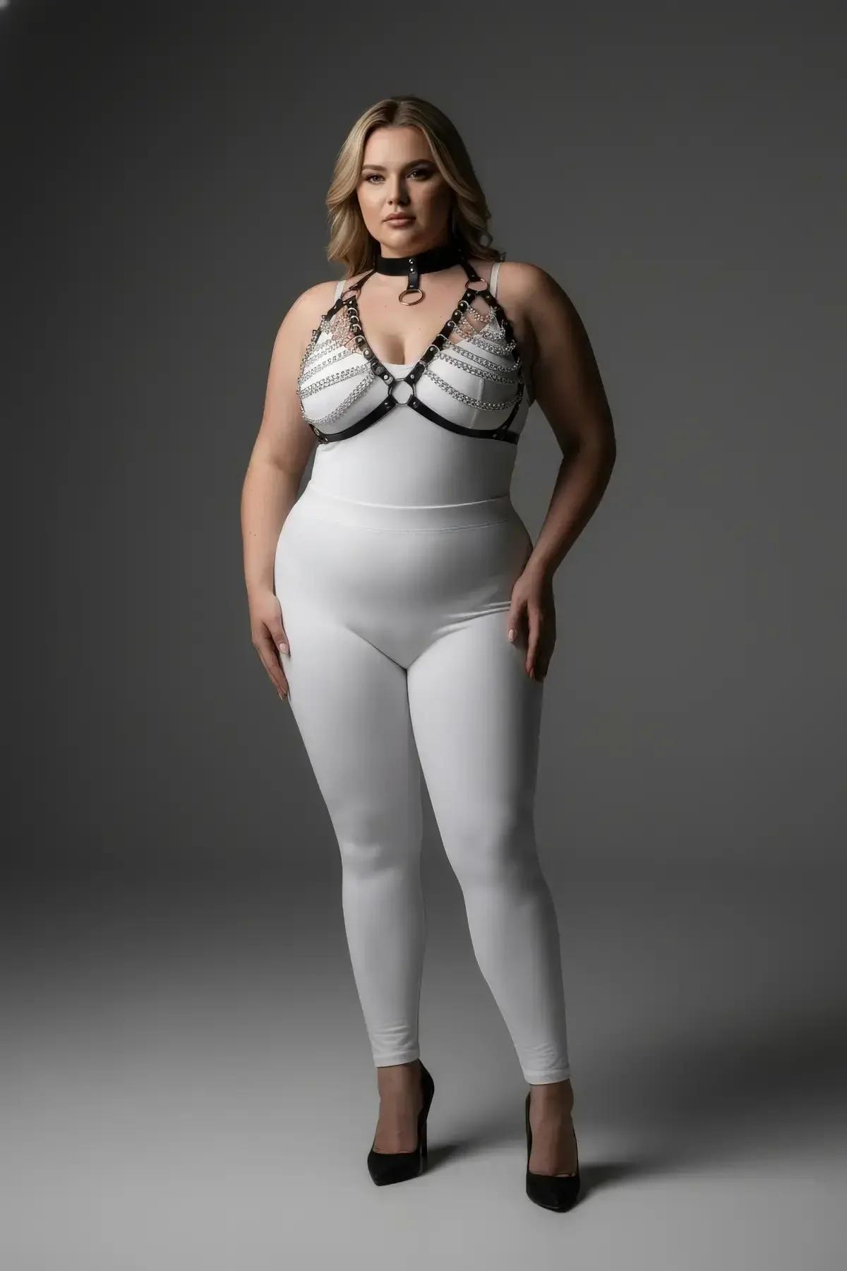 Beyaz bodysuit üzerinde göğüs boyunca çapraz gümüş zincirli siyah PU bant göğüs harness