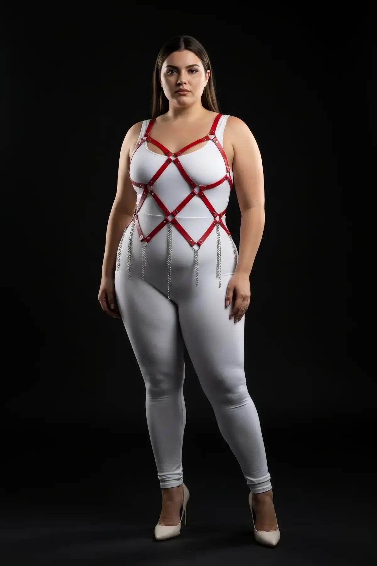 Çıkarılabilir gümüş vücut zincirleriyle kırmızı vegan deri kafes göğüs harness, beyaz bodysuit üzerinde